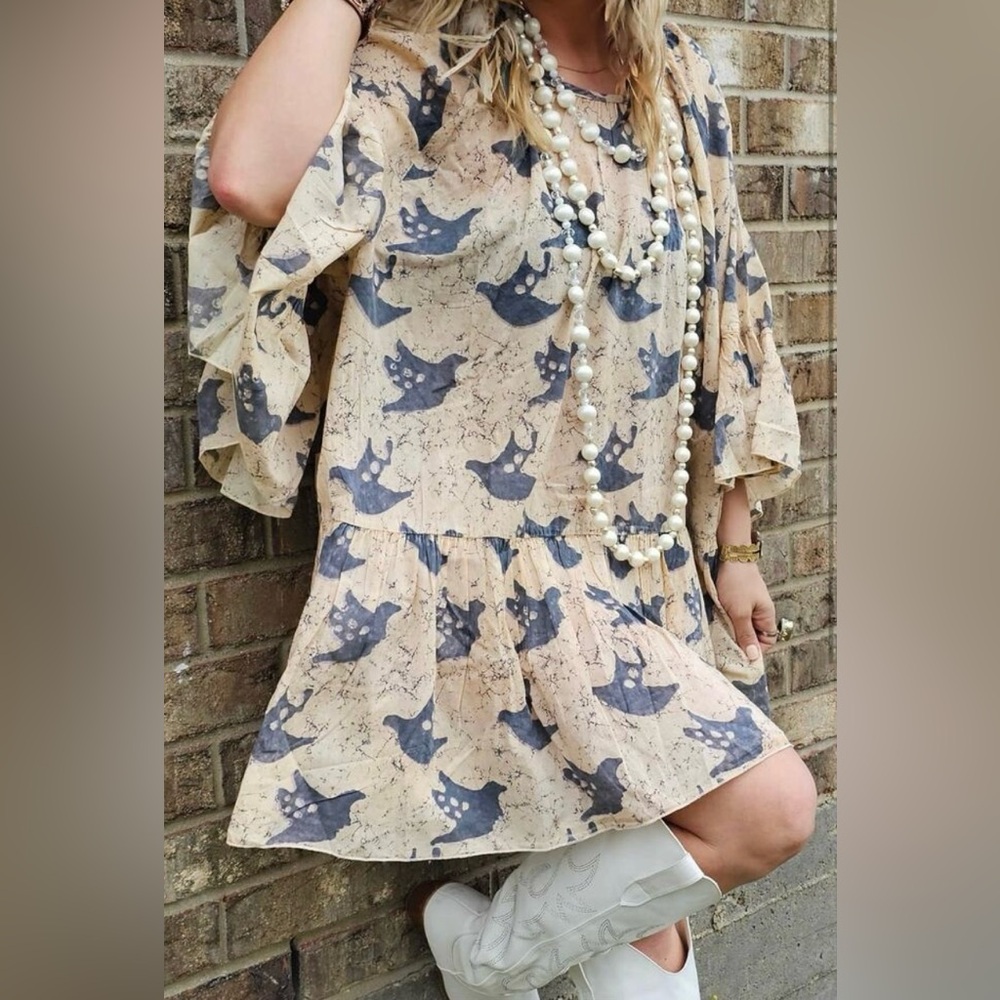 A Rare Bird Distressed Birdie Tunic Top Shirt Dress One Size Whimsy Boho Artsy - Picture 12 of 13